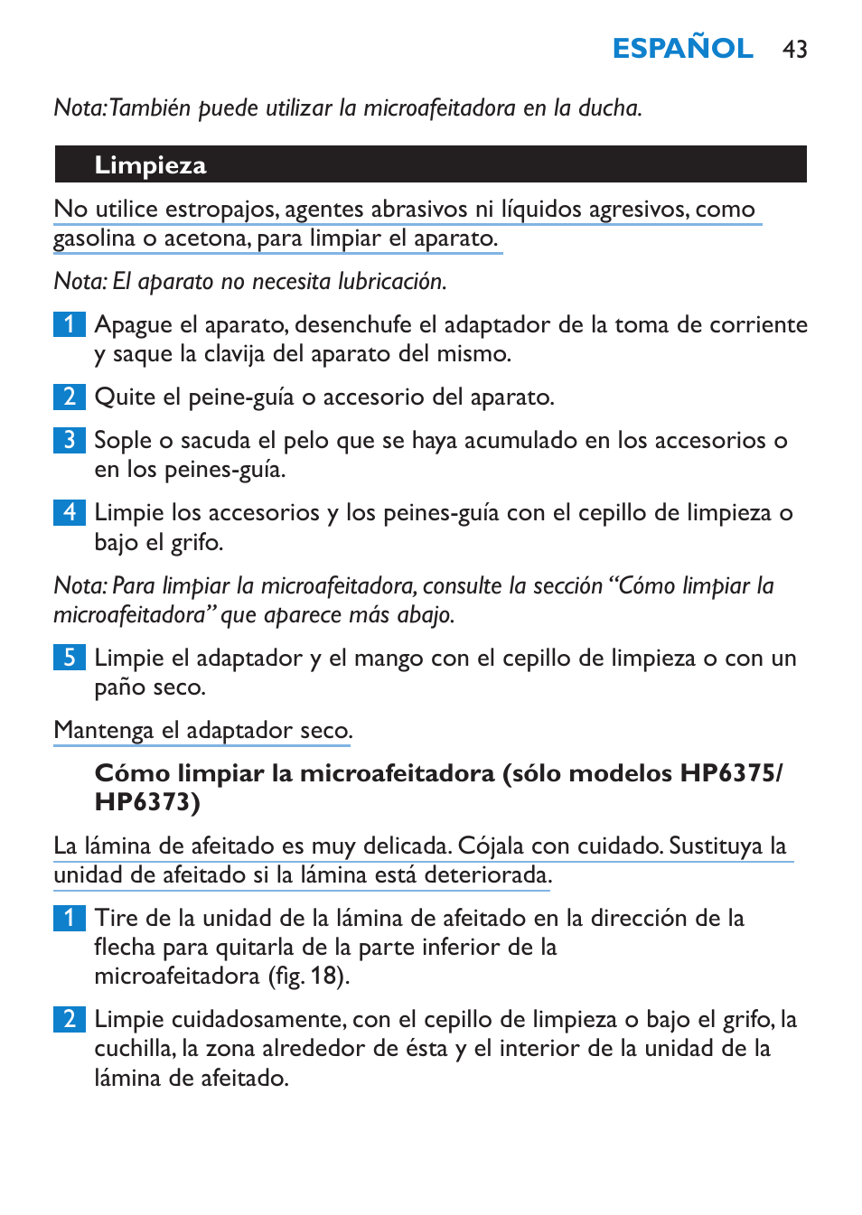 Limpieza | Philips Bikini Perfect Recortador para la línea del bikini User Manual | Page 43 / 116