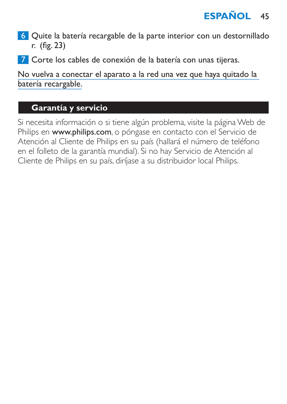 Garantía y servicio | Philips Bikini Perfect Recortador para la línea del bikini User Manual | Page 45 / 116