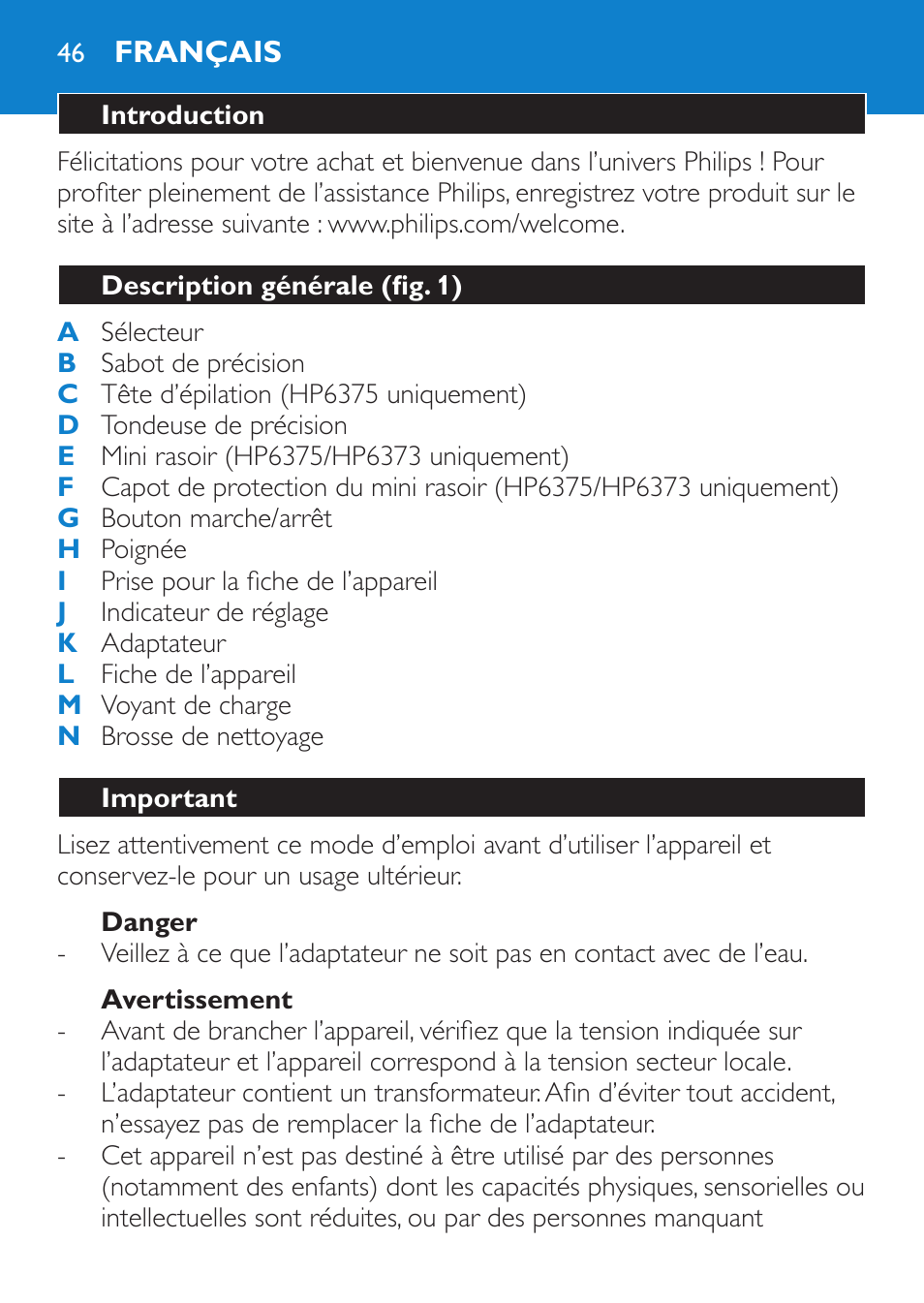 Danger, Avertissement, Français | Introduction, Description générale (fig. 1), Important | Philips Bikini Perfect Recortador para la línea del bikini User Manual | Page 46 / 116