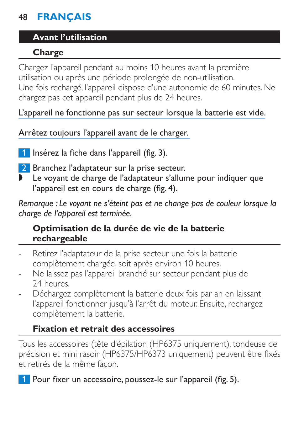 Avant l’utilisation, Charge, Fixation et retrait des accessoires | Philips Bikini Perfect Recortador para la línea del bikini User Manual | Page 48 / 116