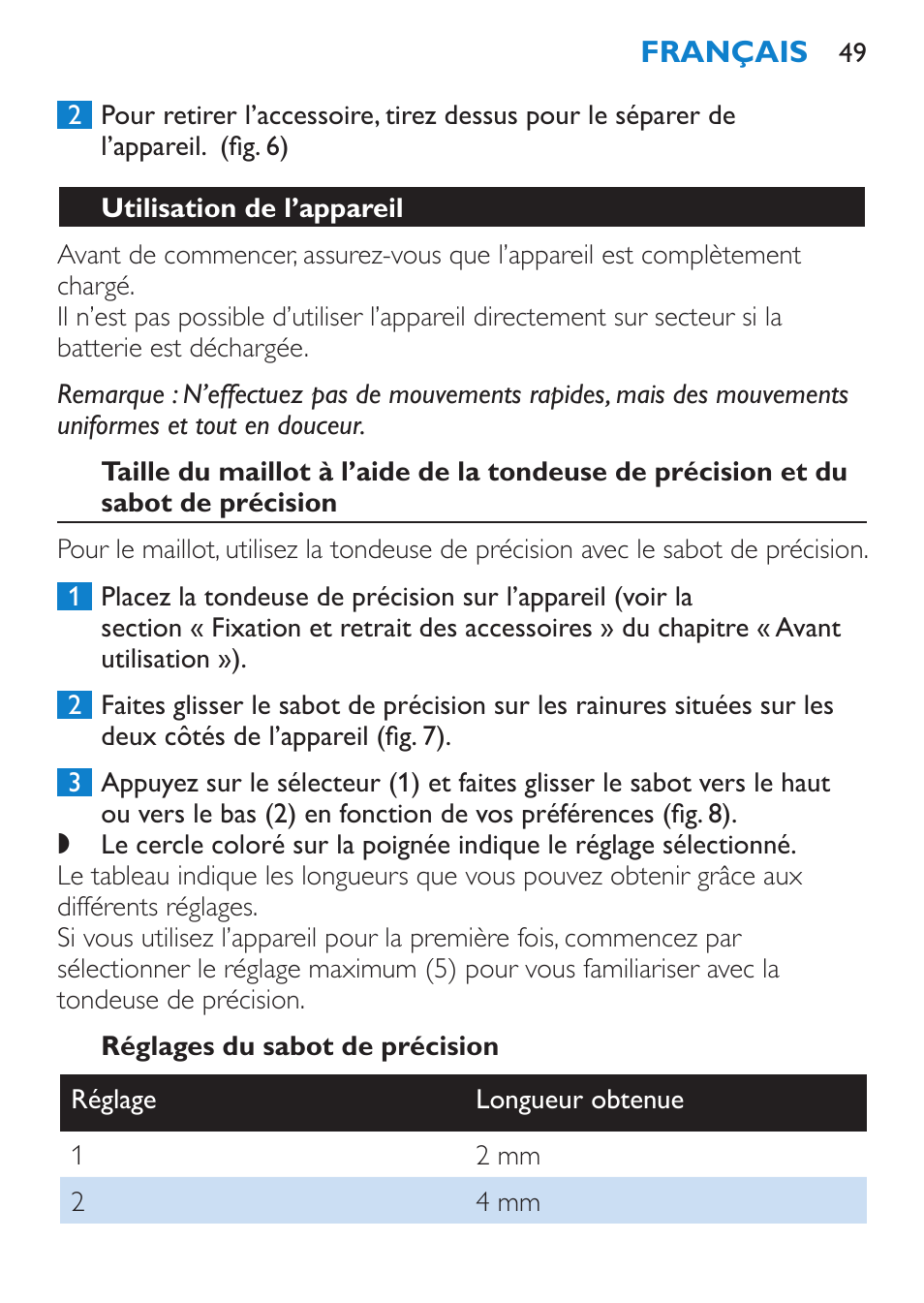 Utilisation de l’appareil, Réglages du sabot de précision | Philips Bikini Perfect Recortador para la línea del bikini User Manual | Page 49 / 116