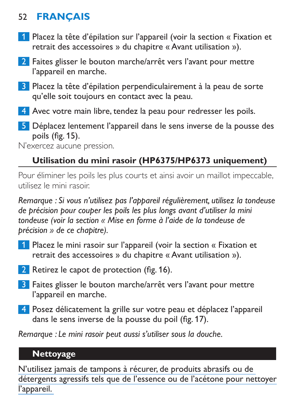 Nettoyage | Philips Bikini Perfect Recortador para la línea del bikini User Manual | Page 52 / 116