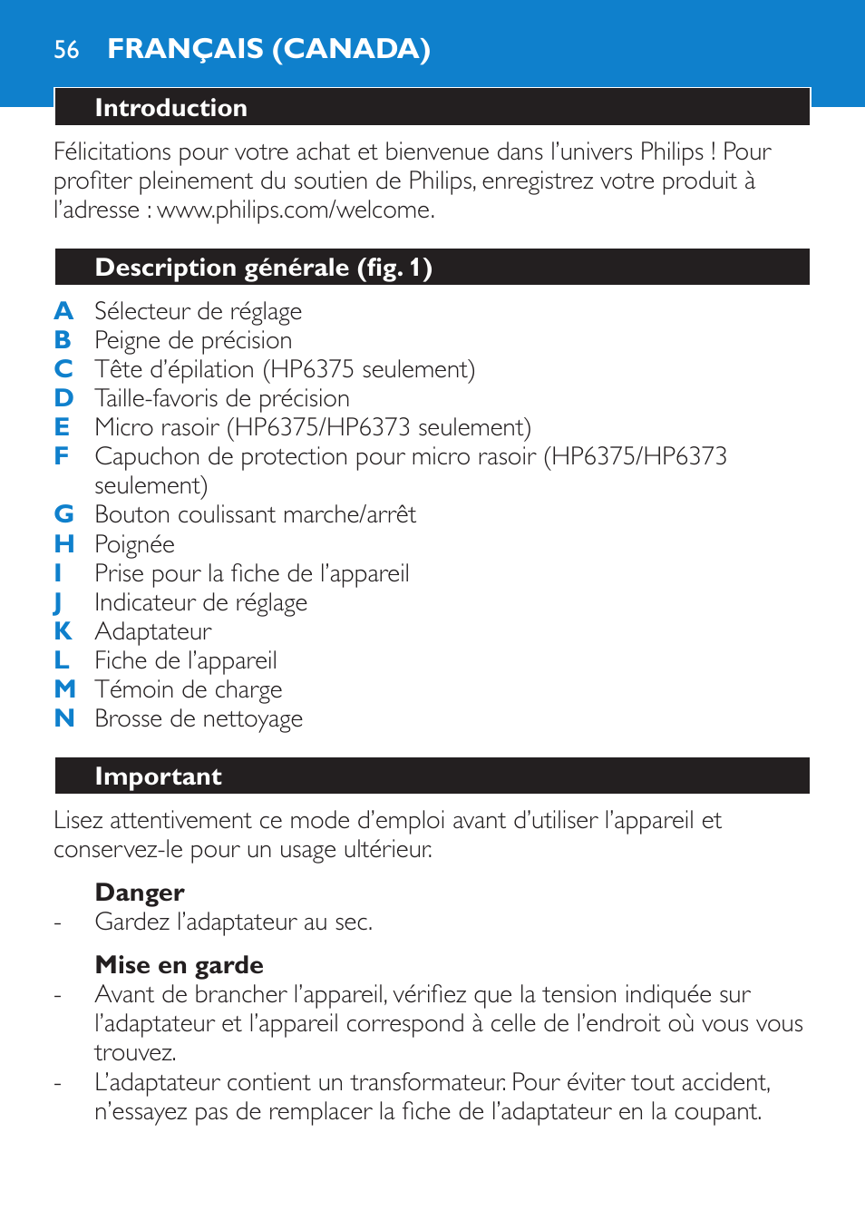 Danger, Mise en garde, Français (canada) | Introduction, Description générale (fig. 1), Important | Philips Bikini Perfect Recortador para la línea del bikini User Manual | Page 56 / 116