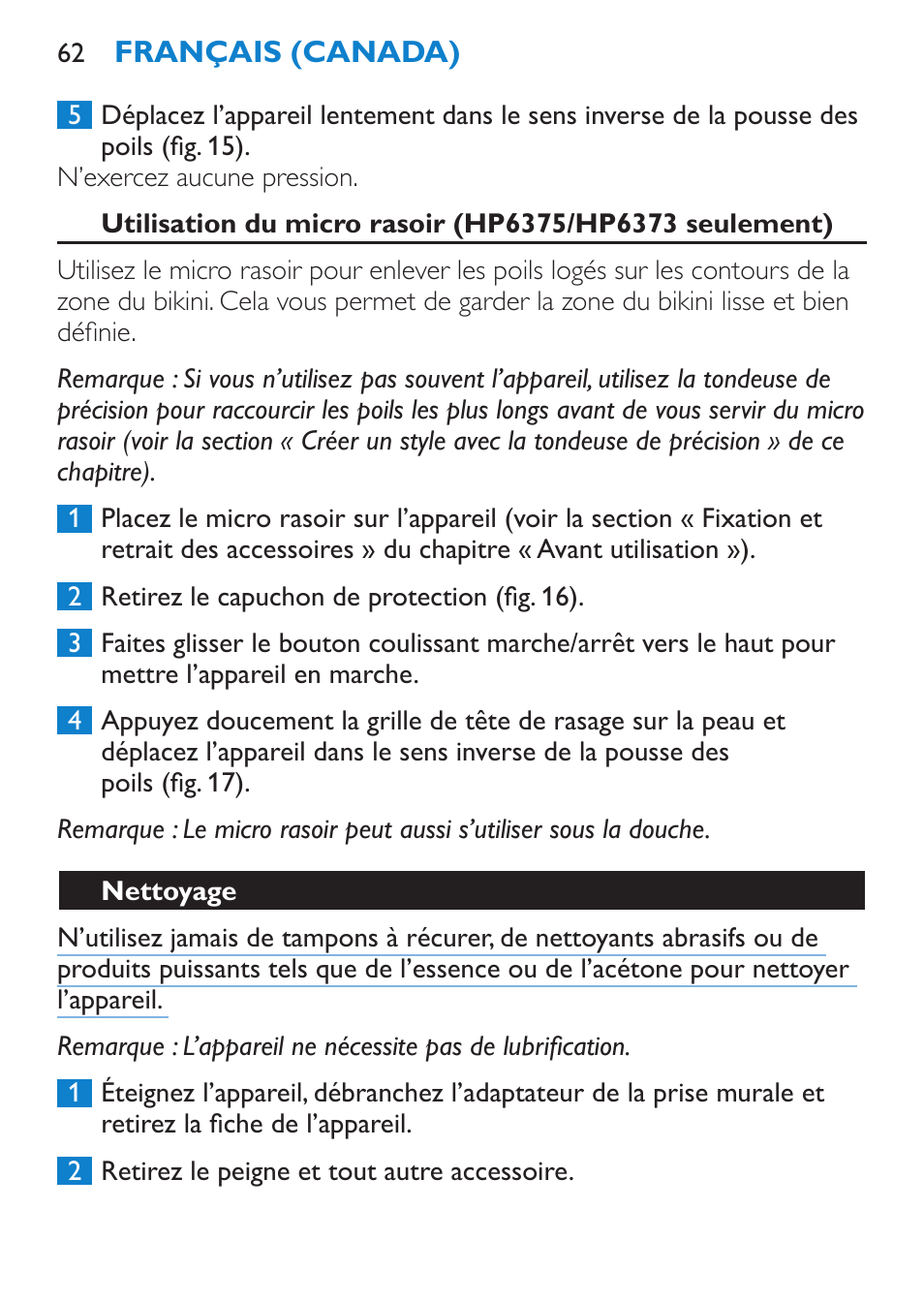 Nettoyage | Philips Bikini Perfect Recortador para la línea del bikini User Manual | Page 62 / 116