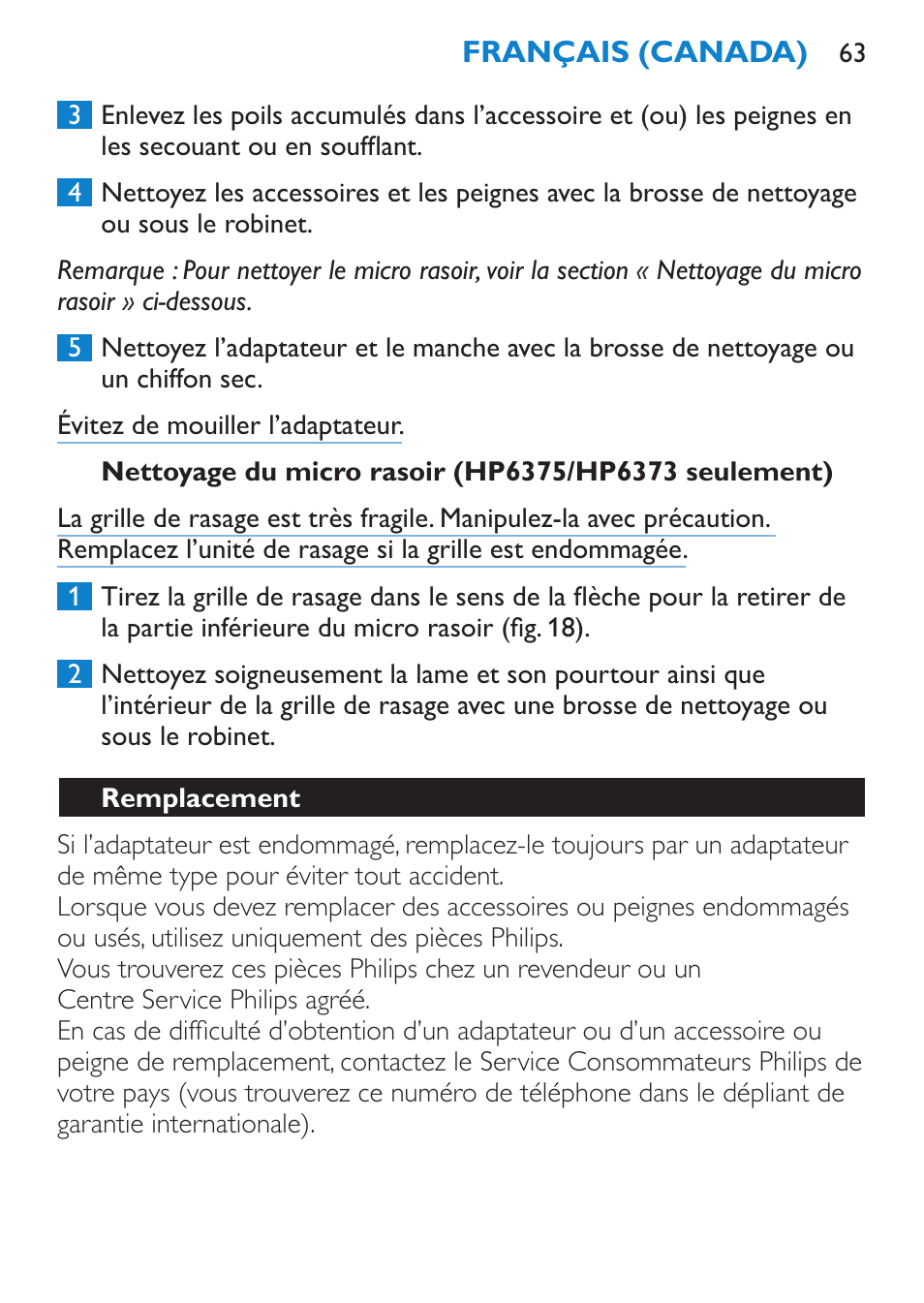 Remplacement | Philips Bikini Perfect Recortador para la línea del bikini User Manual | Page 63 / 116