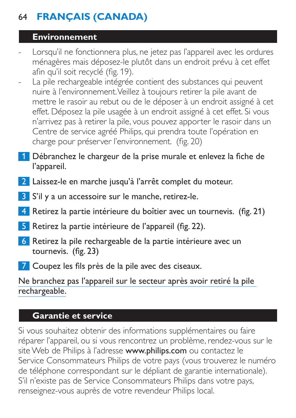 Environnement, Garantie et service | Philips Bikini Perfect Recortador para la línea del bikini User Manual | Page 64 / 116