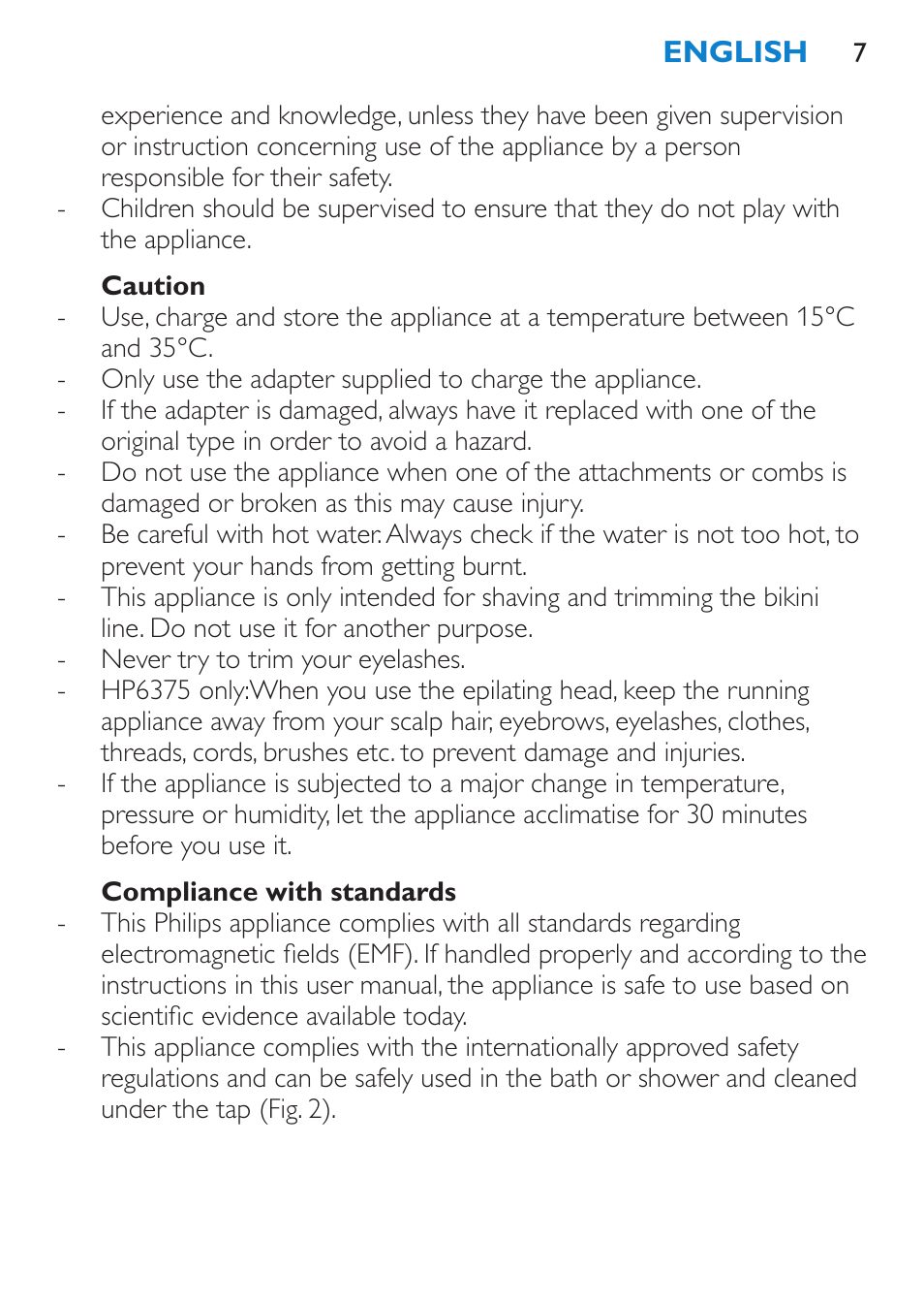 Caution, Compliance with standards | Philips Bikini Perfect Recortador para la línea del bikini User Manual | Page 7 / 116