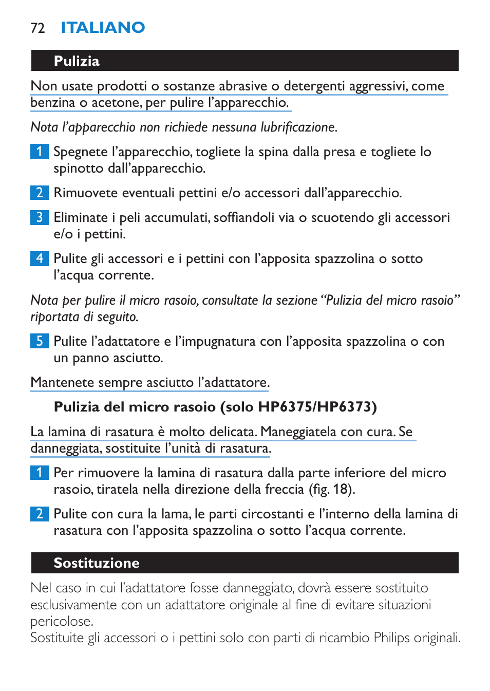 Pulizia del micro rasoio (solo hp6375/hp6373), Pulizia, Sostituzione | Philips Bikini Perfect Recortador para la línea del bikini User Manual | Page 72 / 116