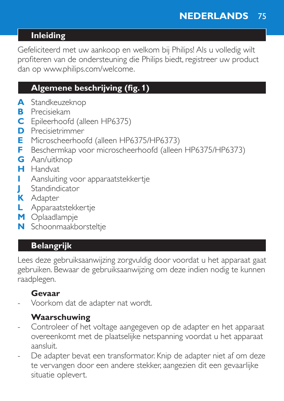 Gevaar, Waarschuwing, Nederlands | Inleiding, Algemene beschrijving (fig. 1), Belangrijk | Philips Bikini Perfect Recortador para la línea del bikini User Manual | Page 75 / 116