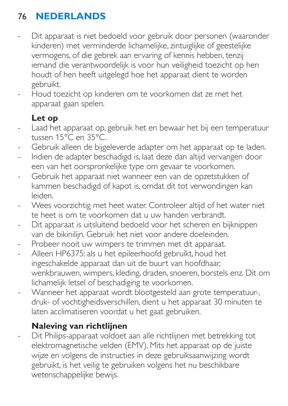 Let op, Naleving van richtlijnen | Philips Bikini Perfect Recortador para la línea del bikini User Manual | Page 76 / 116