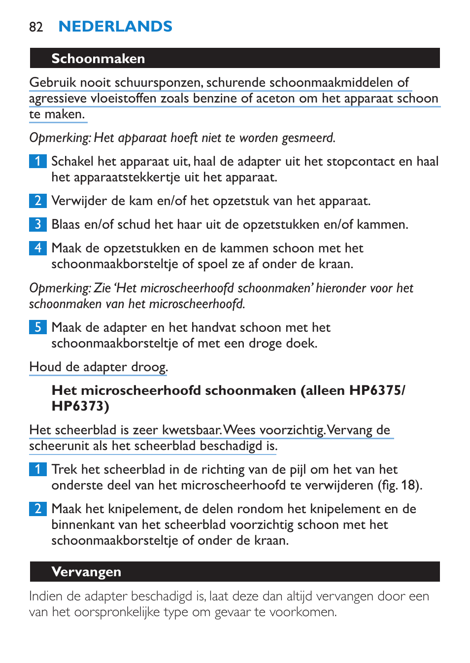 Schoonmaken, Vervangen | Philips Bikini Perfect Recortador para la línea del bikini User Manual | Page 82 / 116