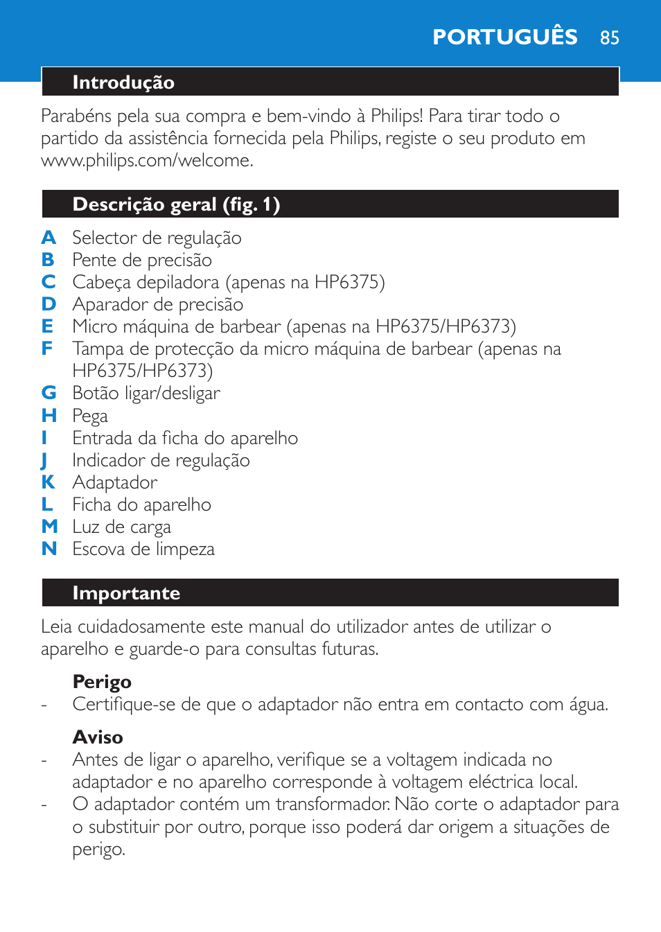 Perigo, Aviso, Português | Introdução, Descrição geral (fig. 1), Importante | Philips Bikini Perfect Recortador para la línea del bikini User Manual | Page 85 / 116