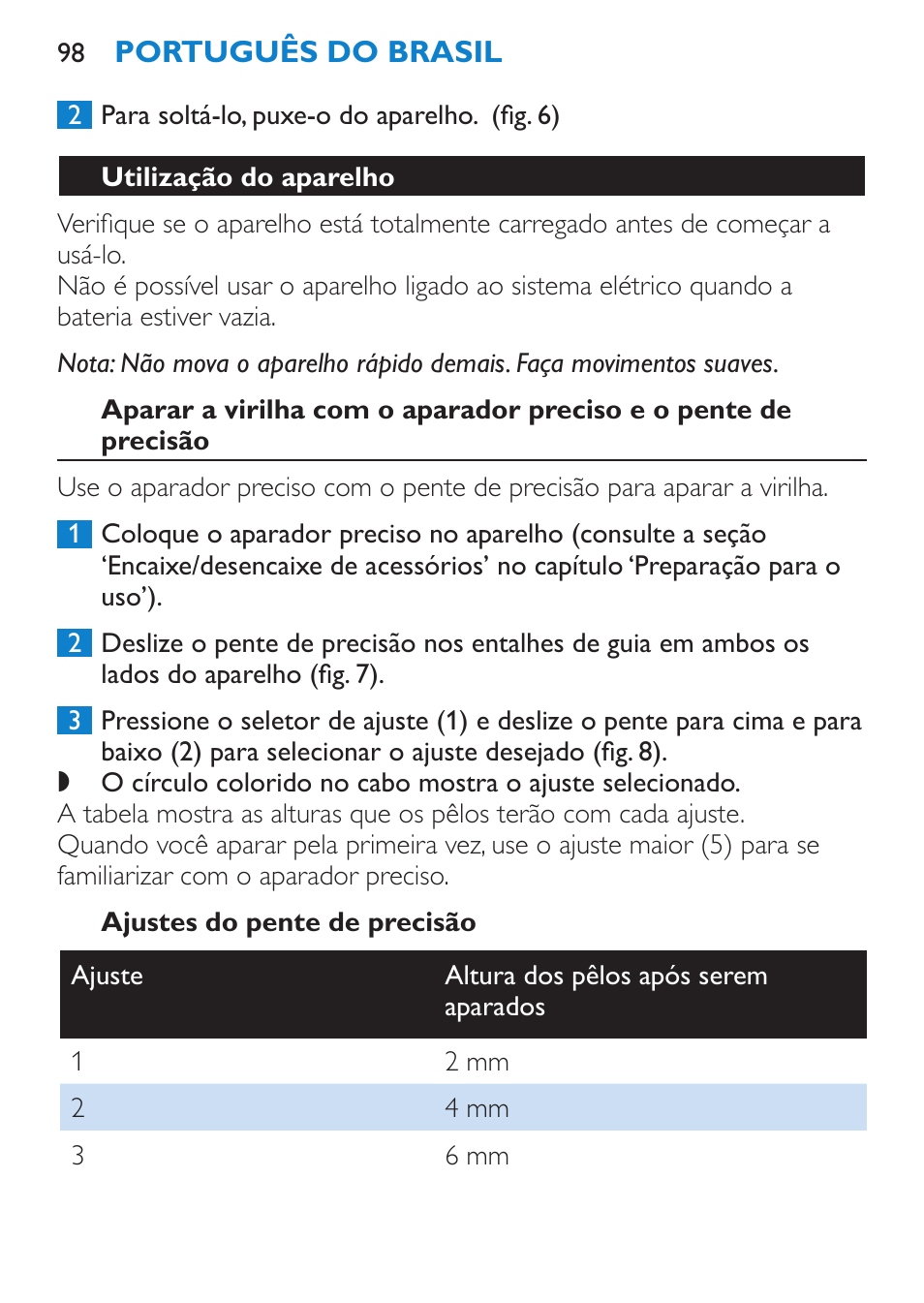 Utilização do aparelho, Ajustes do pente de precisão | Philips Bikini Perfect Recortador para la línea del bikini User Manual | Page 98 / 116
