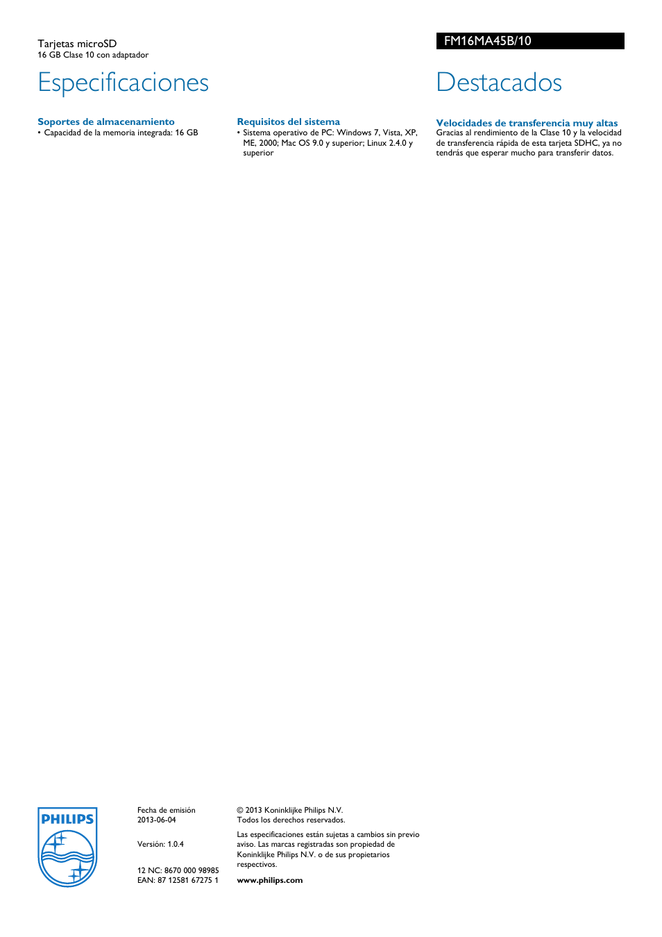 Especificaciones, Destacados | Philips Tarjetas microSD User Manual | Page 2 / 2