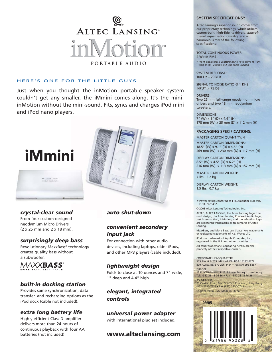 Immini, Crystal-clear sound, Surprisingly deep bass | Built-in docking station, Extra long battery life, Auto shut-down, Convenient secondary input jack, Lightweight design, Elegant, integrated controls, Universal power adapter | Altec Lansing inMotion iMmini User Manual | Page 2 / 2