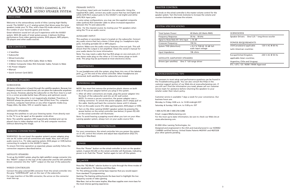 Xa3021, Audio speaker system, Video gaming & tv | Altec Lansing XA3051 User Manual | Page 3 / 5