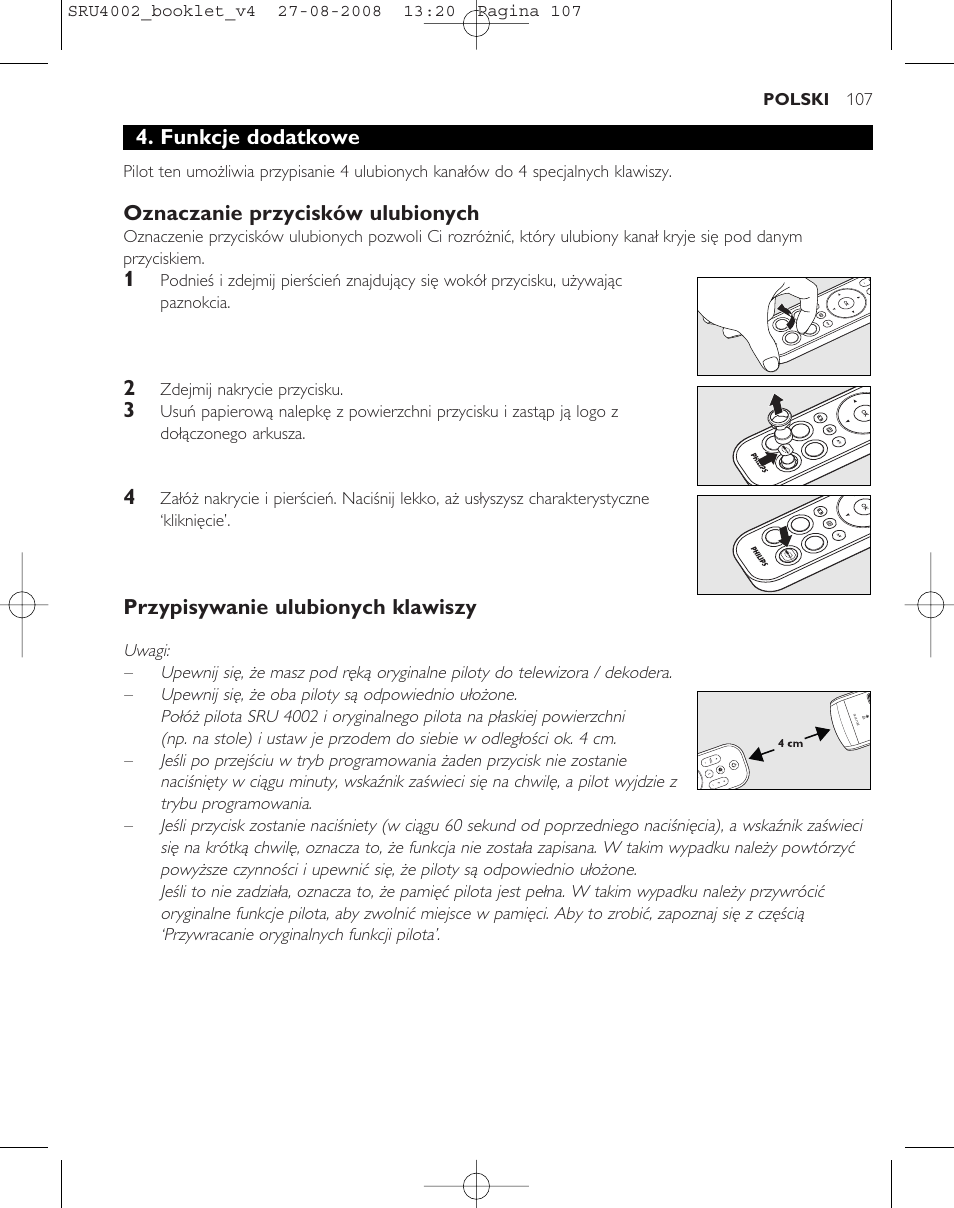 Funkcje dodatkowe, Oznaczanie przycisków ulubionych, Przypisywanie ulubionych klawiszy | Philips Mando a distancia universal User Manual | Page 106 / 115