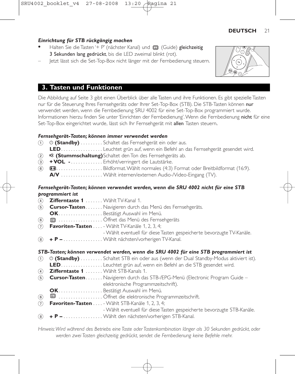 Tasten und funktionen | Philips Mando a distancia universal User Manual | Page 20 / 115