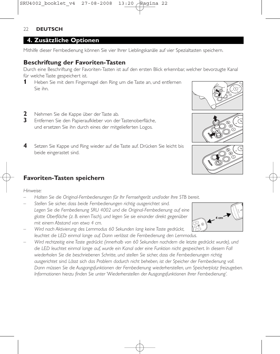 Zusätzliche optionen, Beschriftung der favoriten-tasten, Favoriten-tasten speichern | Philips Mando a distancia universal User Manual | Page 21 / 115