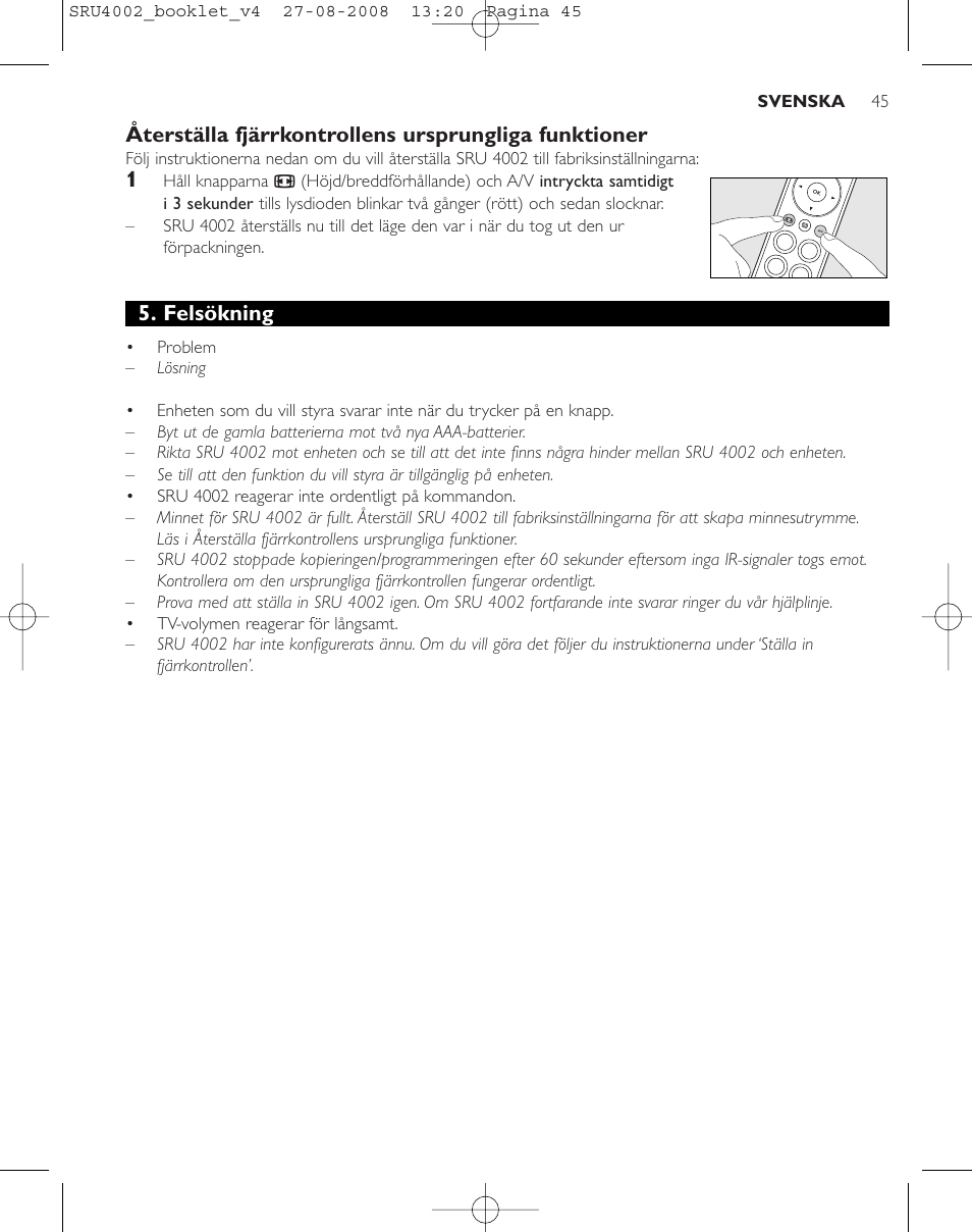 Felsökning | Philips Mando a distancia universal User Manual | Page 44 / 115