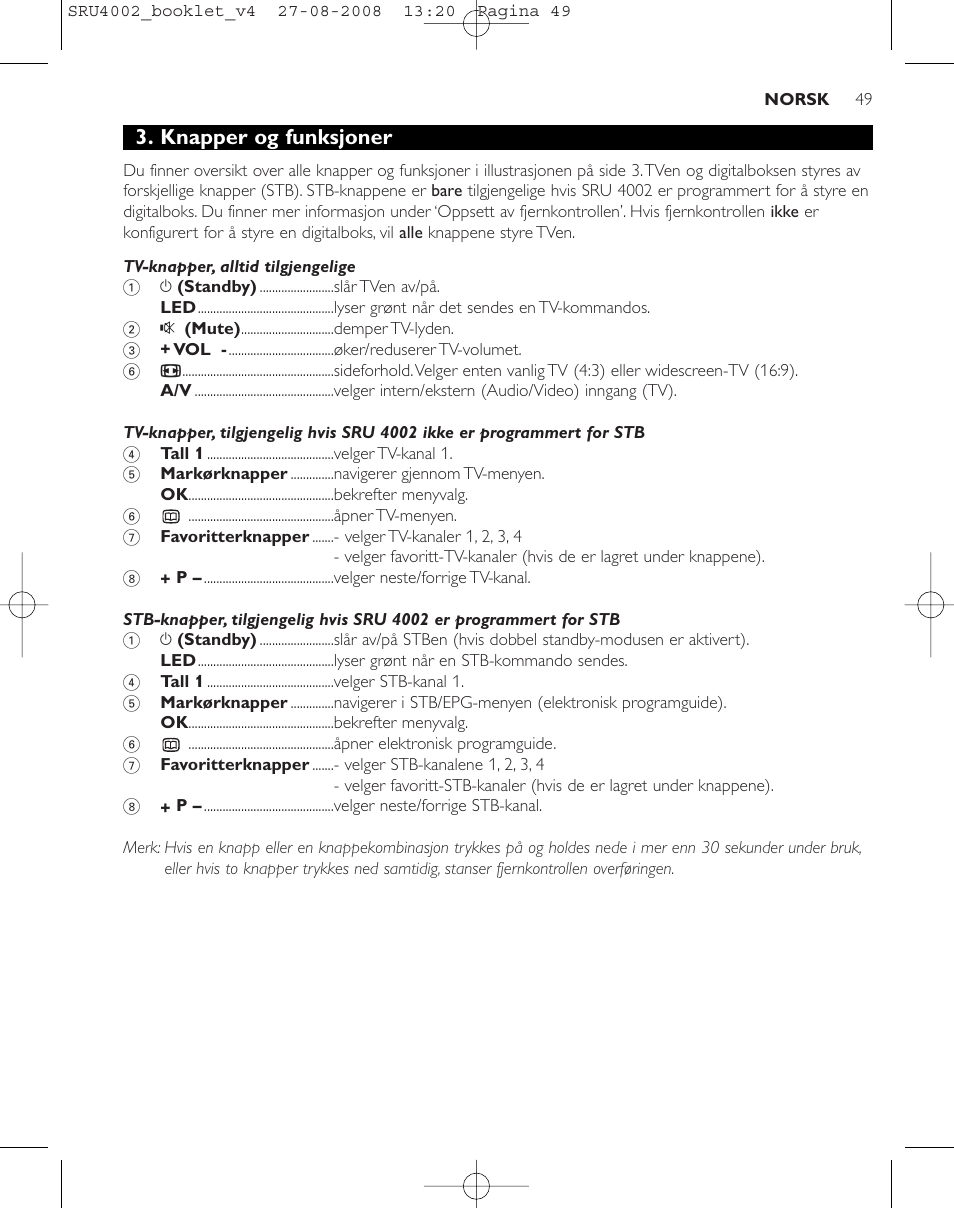 Knapper og funksjoner | Philips Mando a distancia universal User Manual | Page 48 / 115