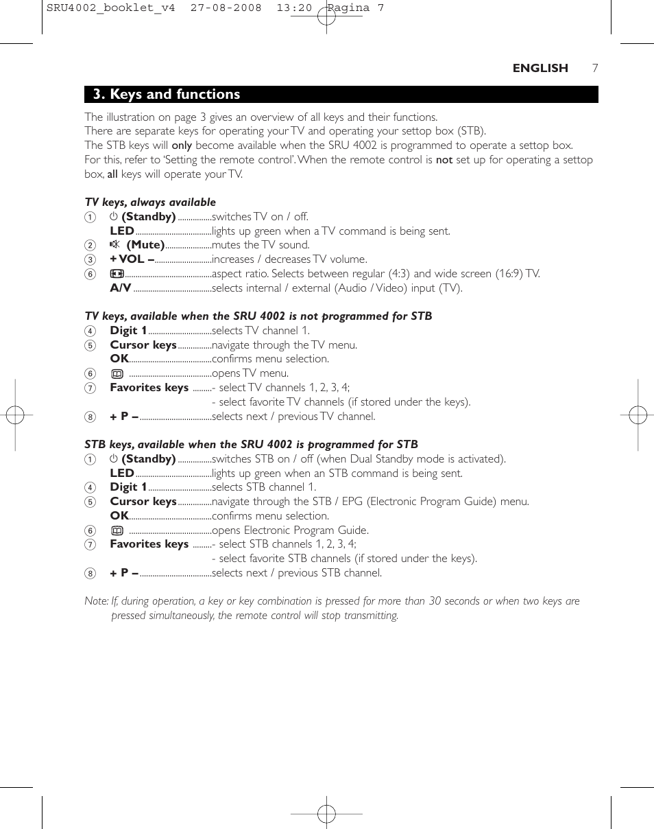 Keys and functions | Philips Mando a distancia universal User Manual | Page 6 / 115