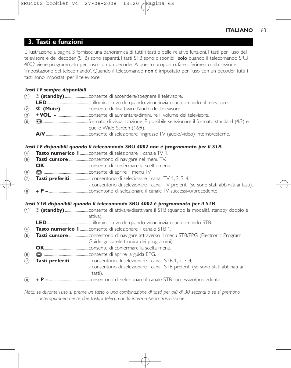 Tasti e funzioni | Philips Mando a distancia universal User Manual | Page 62 / 115