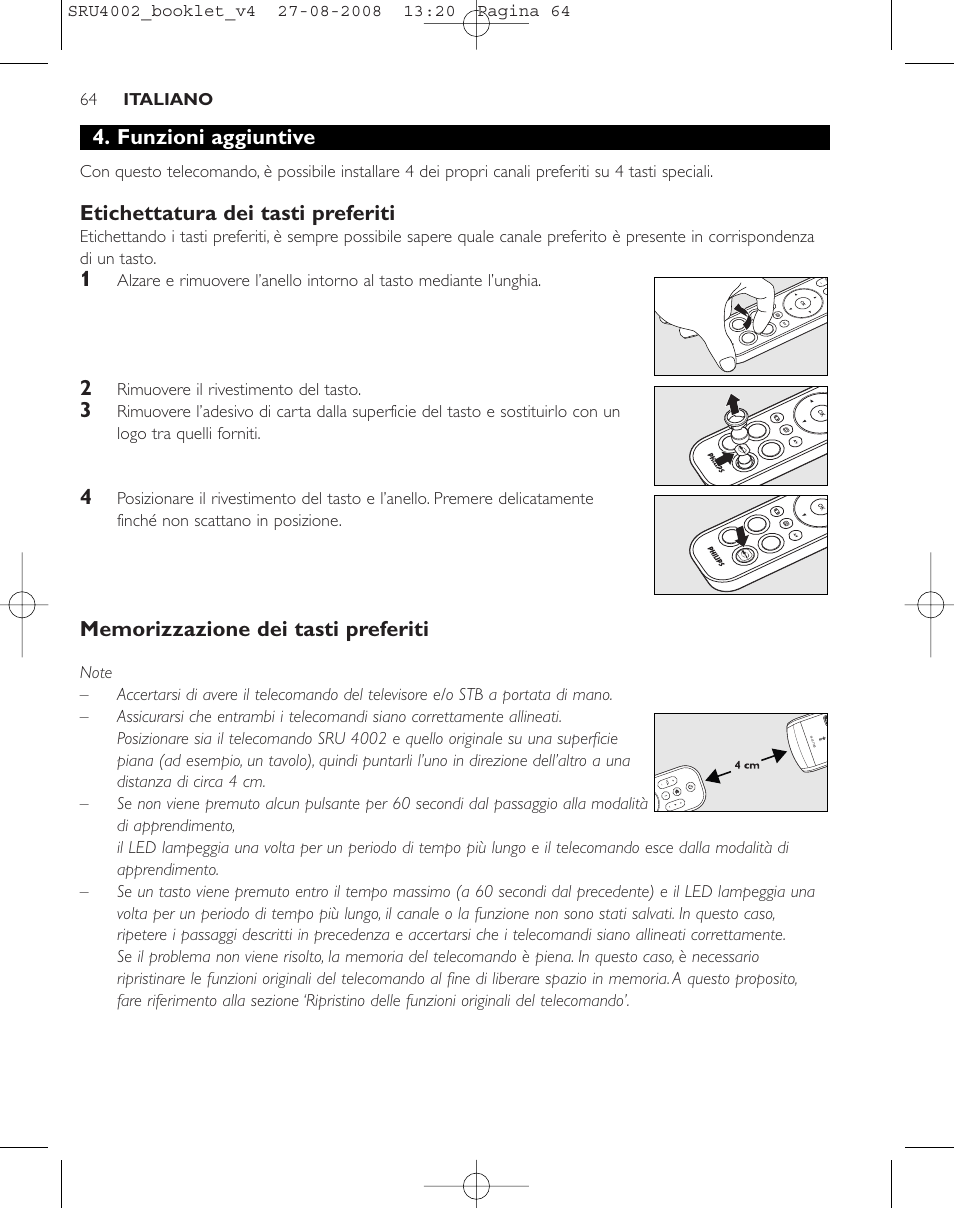 Funzioni aggiuntive, Etichettatura dei tasti preferiti | Philips Mando a distancia universal User Manual | Page 63 / 115