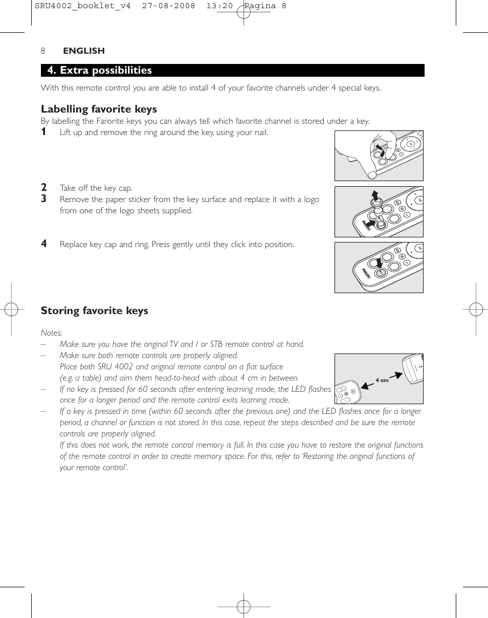 Extra possibilities, Labelling favorite keys, Storing favorite keys | Philips Mando a distancia universal User Manual | Page 7 / 115