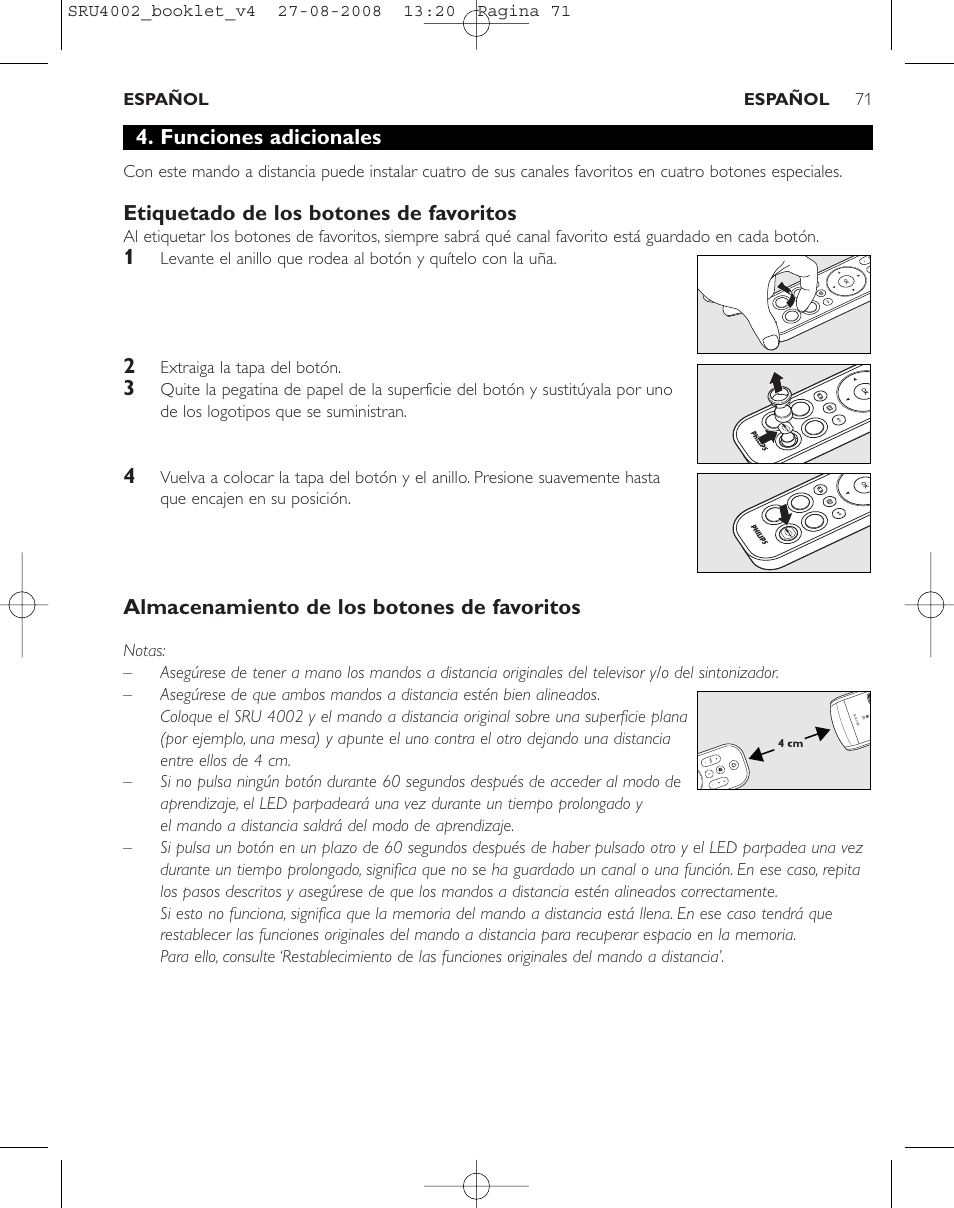 Funciones adicionales, Etiquetado de los botones de favoritos, Almacenamiento de los botones de favoritos | Philips Mando a distancia universal User Manual | Page 70 / 115
