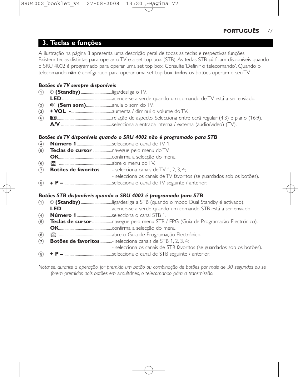 Teclas e funções | Philips Mando a distancia universal User Manual | Page 76 / 115