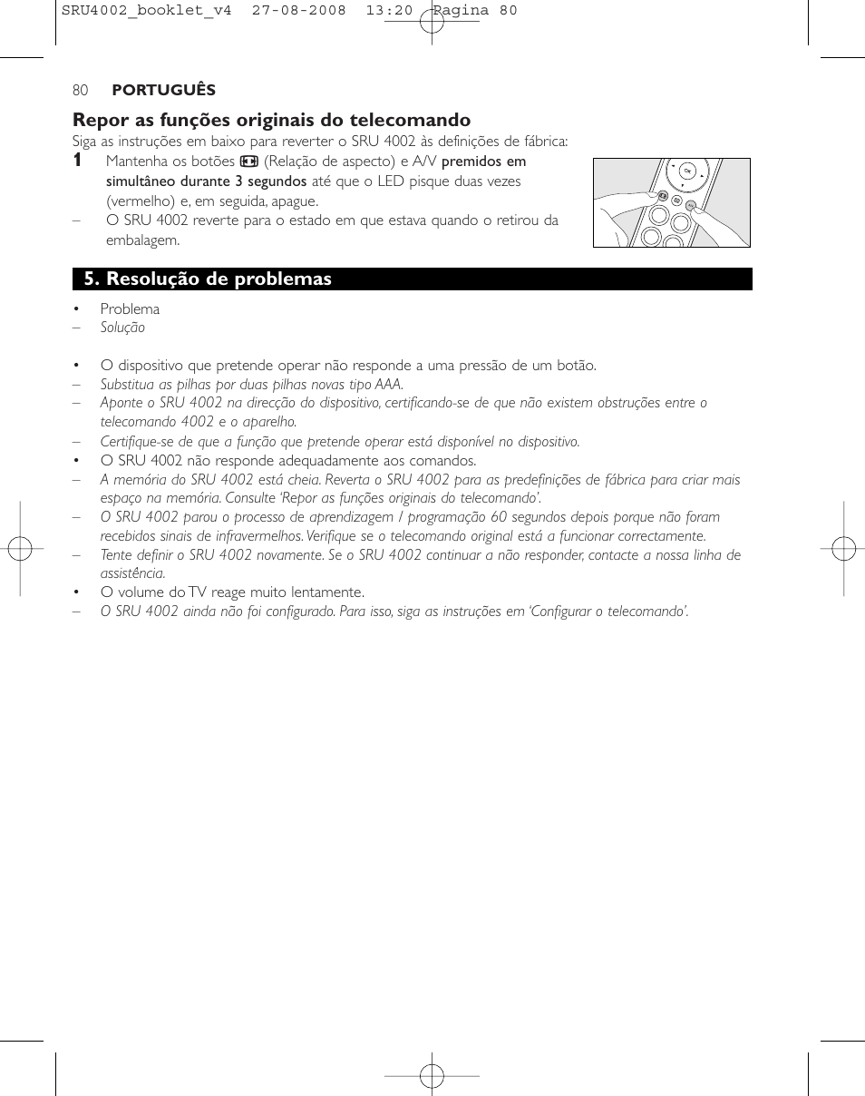 Repor as funções originais do telecomando, Resolução de problemas | Philips Mando a distancia universal User Manual | Page 79 / 115