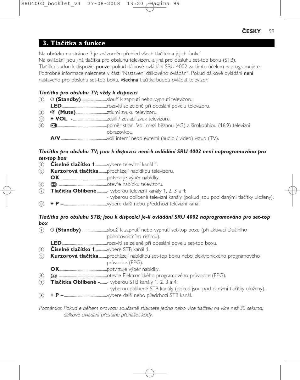 Tlačítka a funkce | Philips Mando a distancia universal User Manual | Page 98 / 115