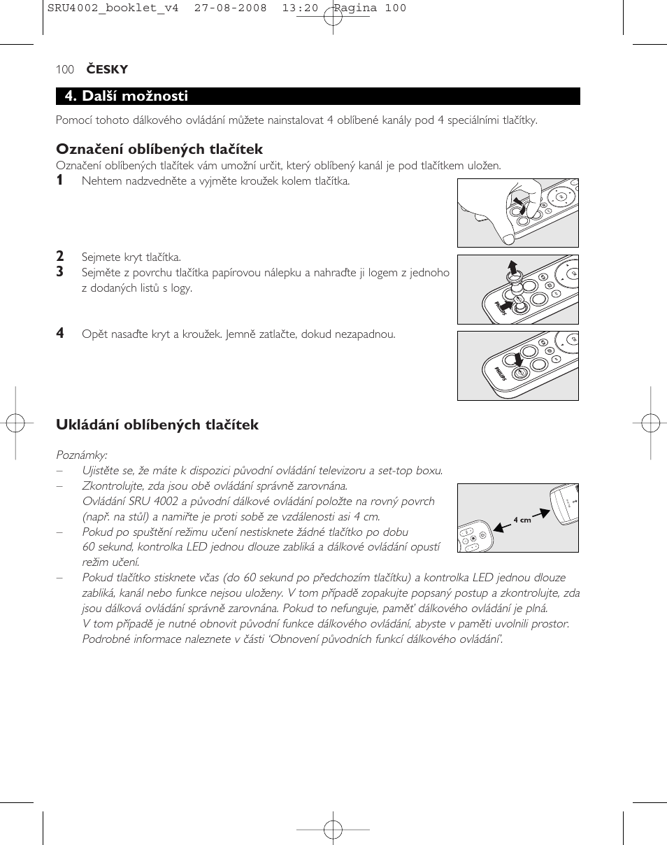 Další možnosti, Označení oblíbených tlačítek, Ukládání oblíbených tlačítek | Philips Mando a distancia universal User Manual | Page 99 / 115