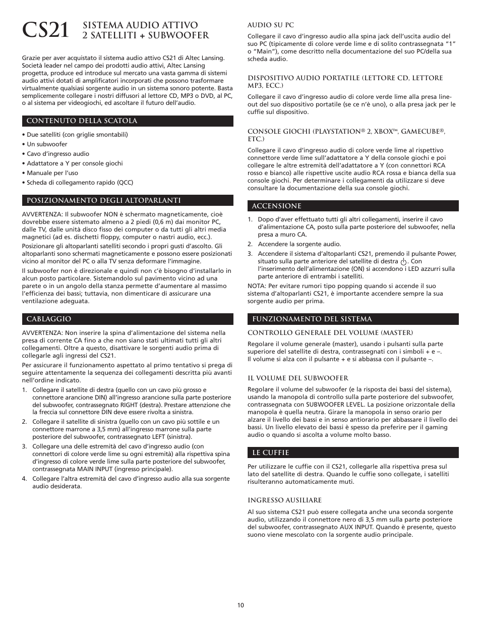 Cs21, Sistema audio attivo 2 satelliti + subwoofer | Altec Lansing CS21 User Manual | Page 12 / 44