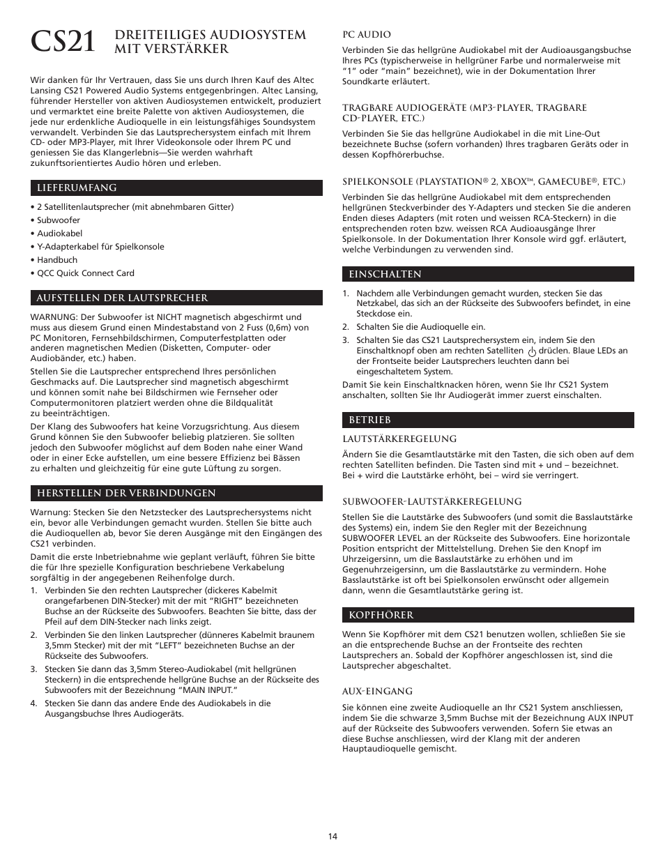 Cs21, Dreiteiliges audiosystem mit verstärker | Altec Lansing CS21 User Manual | Page 16 / 44