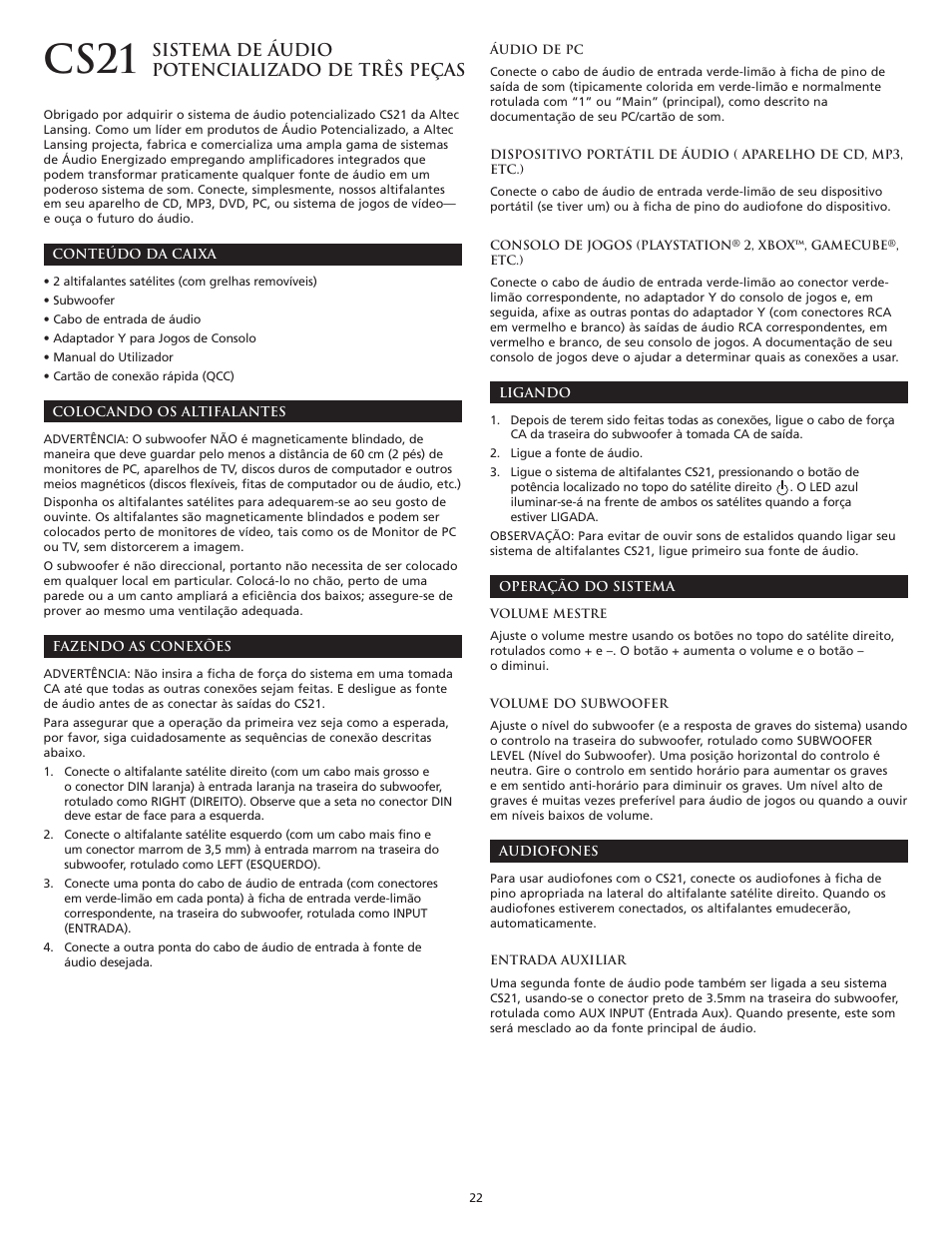 Cs21, Sistema de áudio potencializado de três peças | Altec Lansing CS21 User Manual | Page 24 / 44
