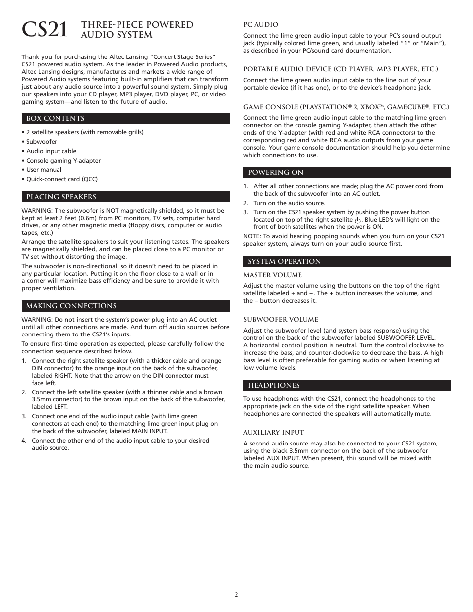 Cs21, Three-piece powered audio system | Altec Lansing CS21 User Manual | Page 4 / 44