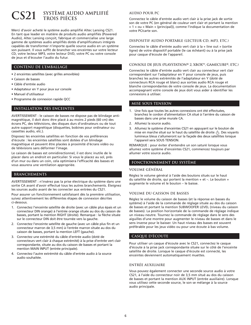 Cs21, Système audio amplifié trois pièces | Altec Lansing CS21 User Manual | Page 8 / 44