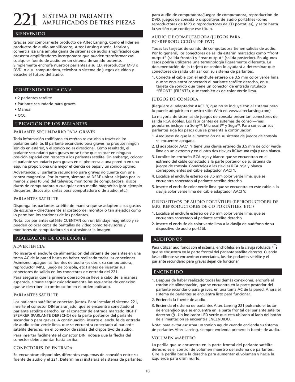 Sistema de parlantes amplificados de tres piezas | Altec Lansing 221 User Manual | Page 11 / 18