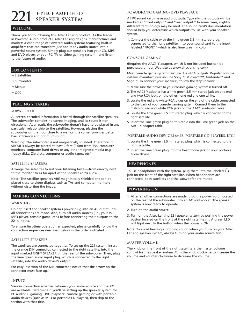 Speaker system, Piece amplified | Altec Lansing 221 User Manual | Page 3 / 18