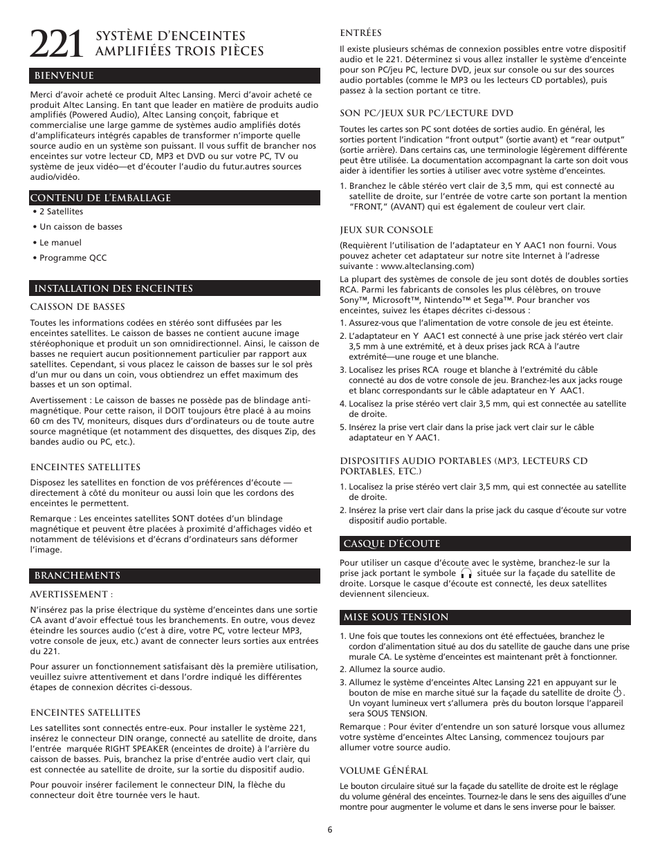 Système d’enceintes amplifiées trois pièces | Altec Lansing 221 User Manual | Page 7 / 18