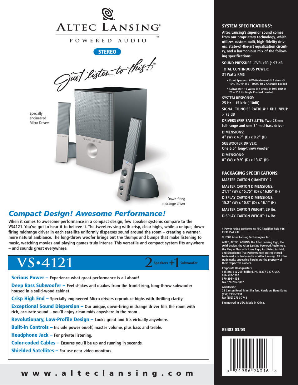 Compact design ! awesome performance | Altec Lansing VS-4121 User Manual | Page 2 / 2