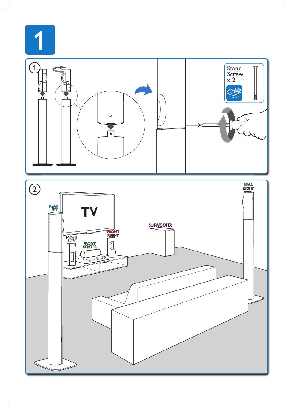 Stand screw x 2 | Philips Sistema de cine en casa 5.1 User Manual | Page 3 / 8