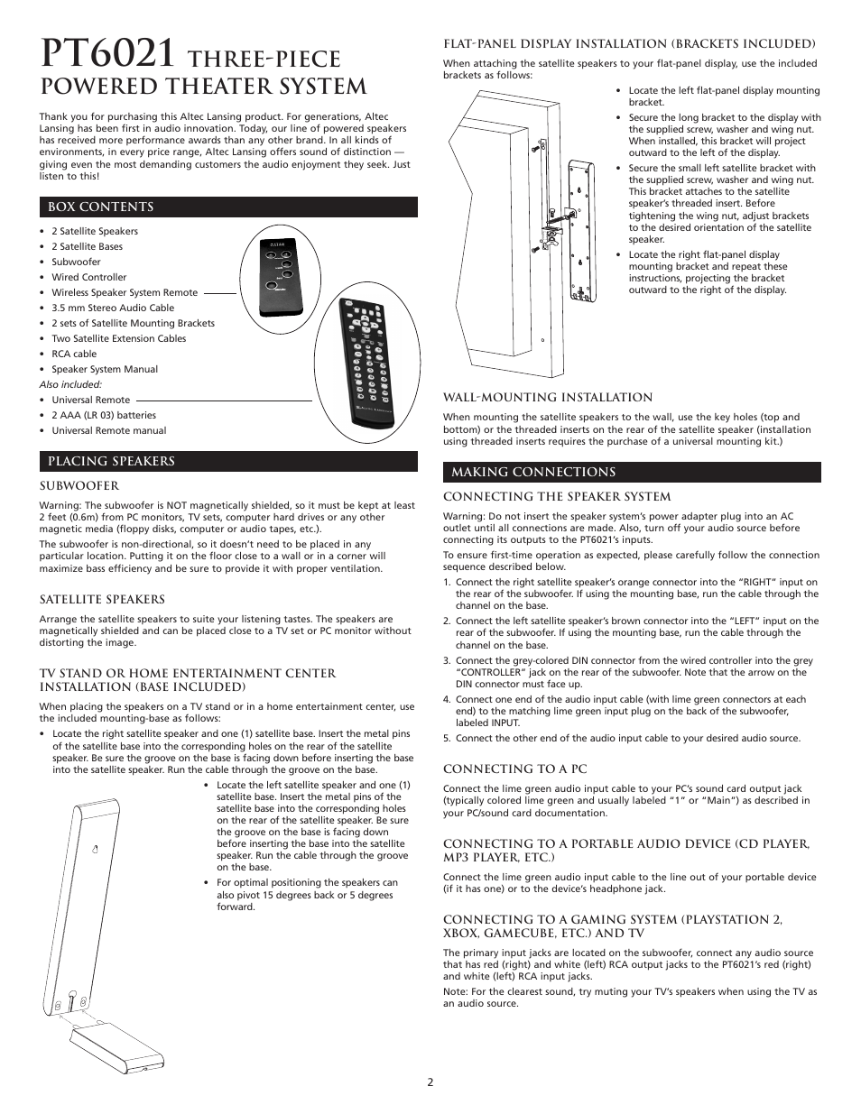 Pt6021, Three-piece powered theater system | Altec Lansing PT6021 User Manual | Page 4 / 20