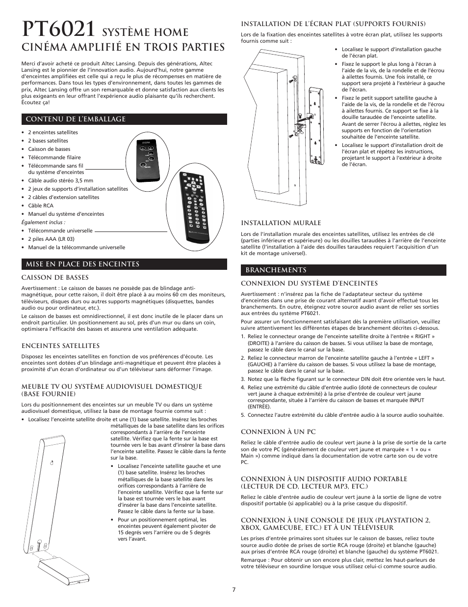 Pt6021, Système home cinéma amplifié en trois parties | Altec Lansing PT6021 User Manual | Page 9 / 20