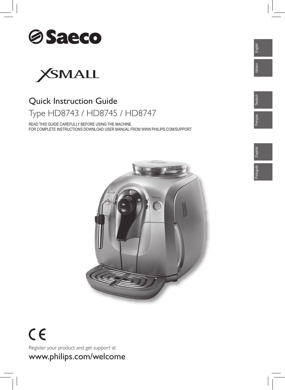 Philips Saeco Xsmall Cafetera expreso súper automática User Manual | 68 pages