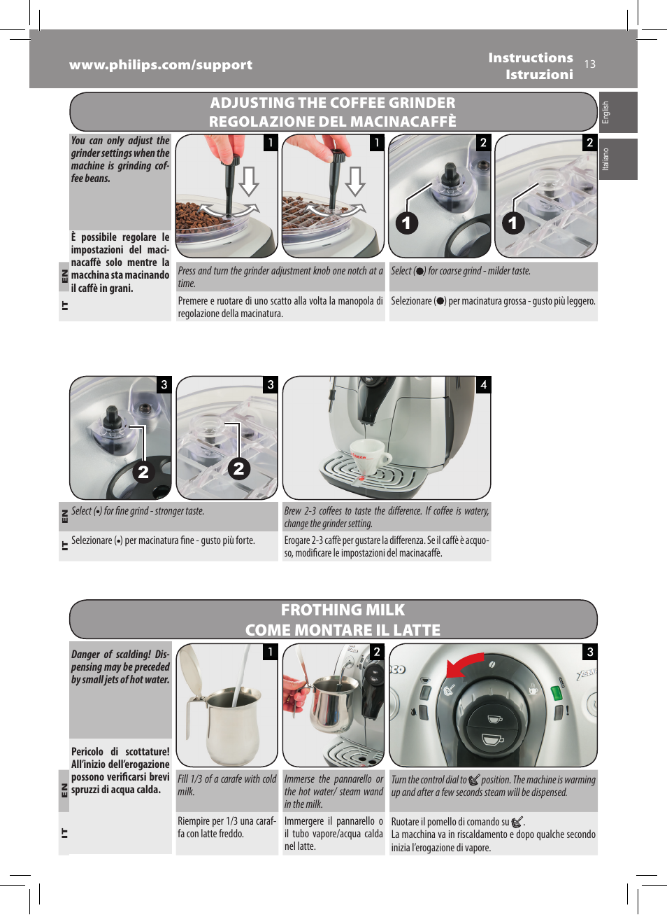 Frothing milk come montare il latte | Philips Saeco Xsmall Cafetera expreso súper automática User Manual | Page 13 / 68