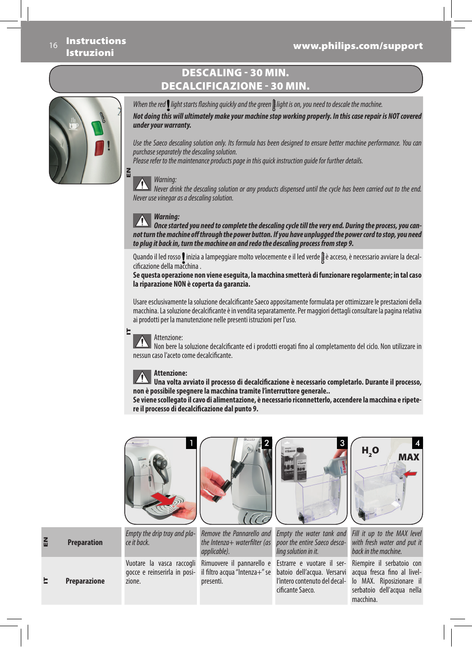 Descaling - 30 min. decalcificazione - 30 min | Philips Saeco Xsmall Cafetera expreso súper automática User Manual | Page 16 / 68