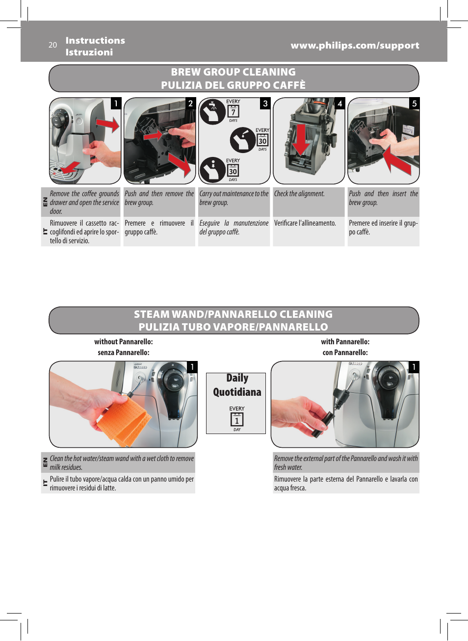 Daily quotidiana | Philips Saeco Xsmall Cafetera expreso súper automática User Manual | Page 20 / 68